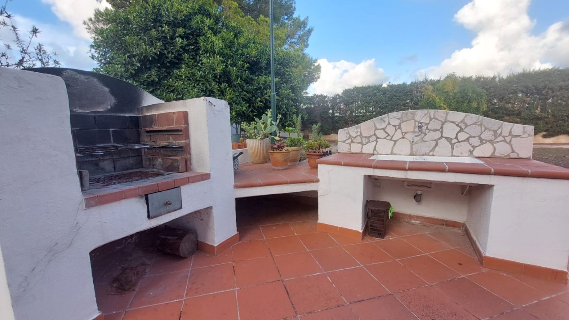 Barbecue e forno a legna in muratura nel patio esterno